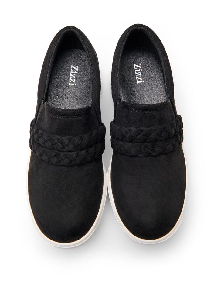 Wide fit - Imitert semsket skinnsko med flettede stropper, Svart, Packshot image number 2