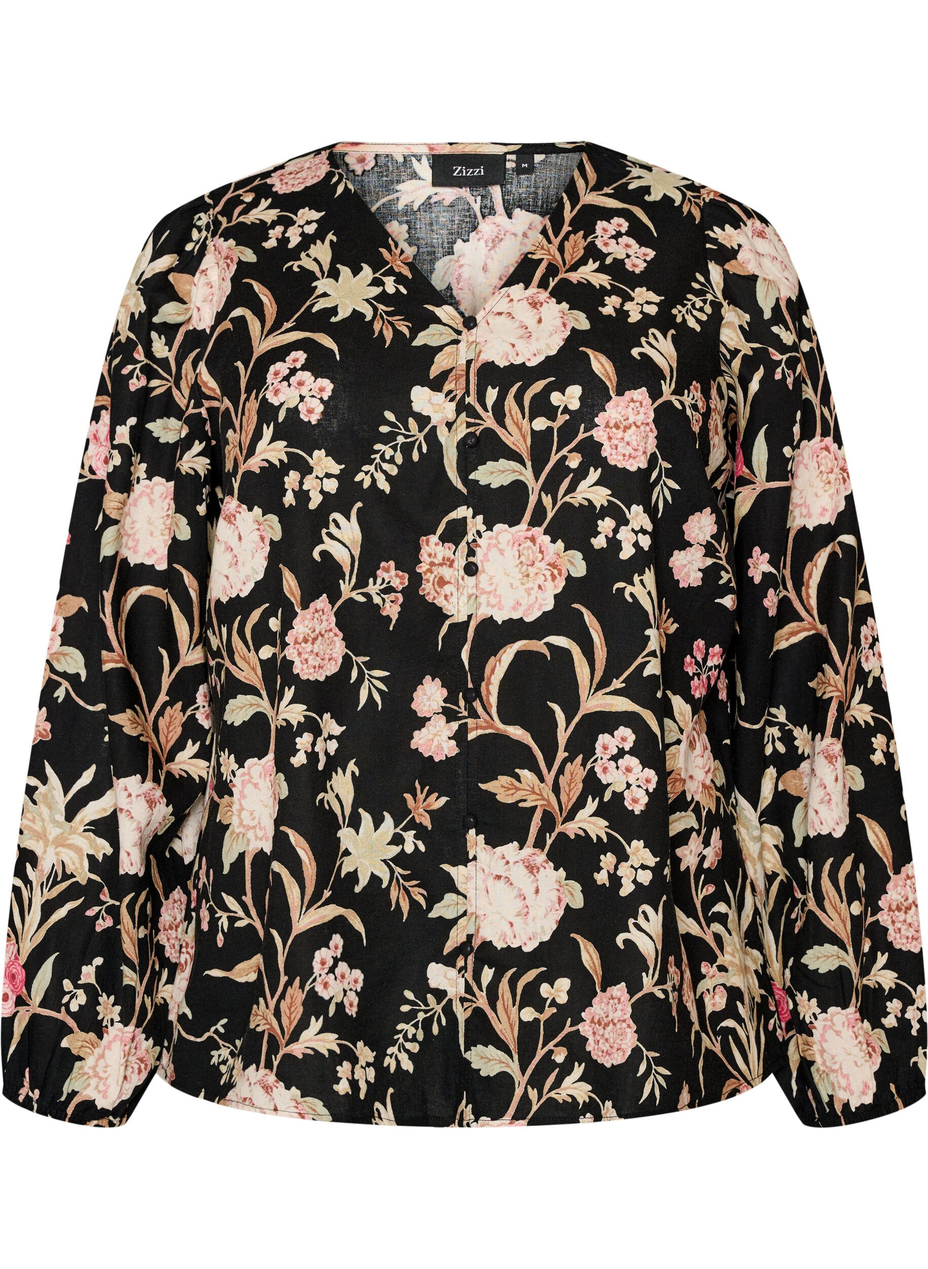 ZizziBluse med blomstertrykk i lin og viskose med lange ermer, Svart, Packshot image number 0
