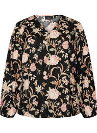 Bluse med blomstertrykk i lin og viskose med lange ermer, Svart