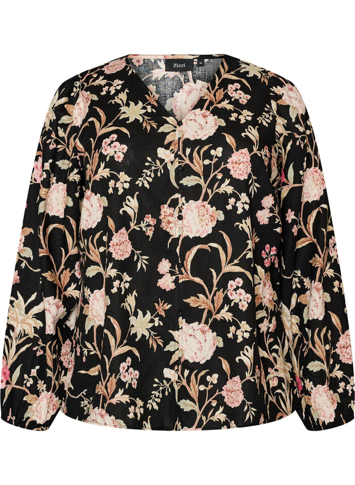 Bluse med blomstertrykk i lin og viskose med lange ermer, Svart, Packshot image number 0