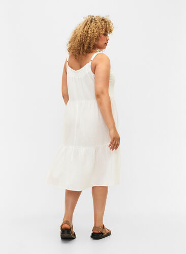 Ensfarget kjole med stropper i bomull, Bright White, Model image number 1