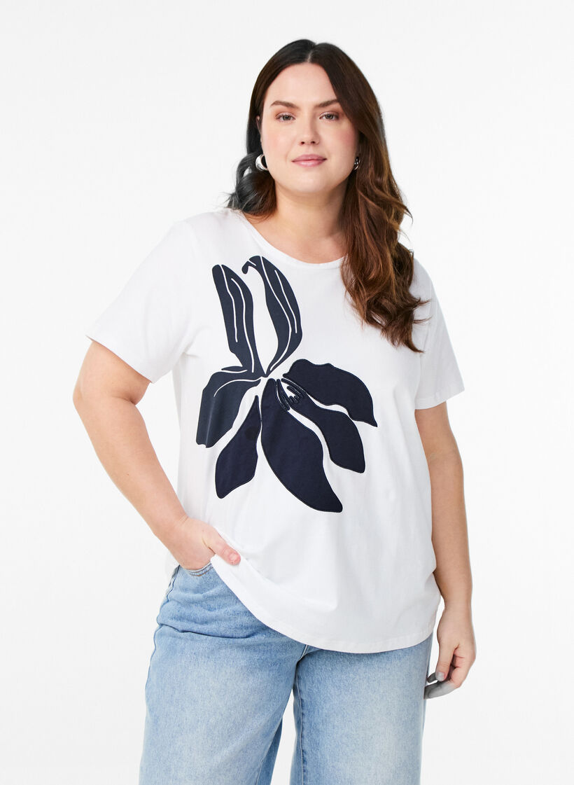 T-skjorte i organisk bomull med blomstermønster, B. White w. EMB, Model image number 0