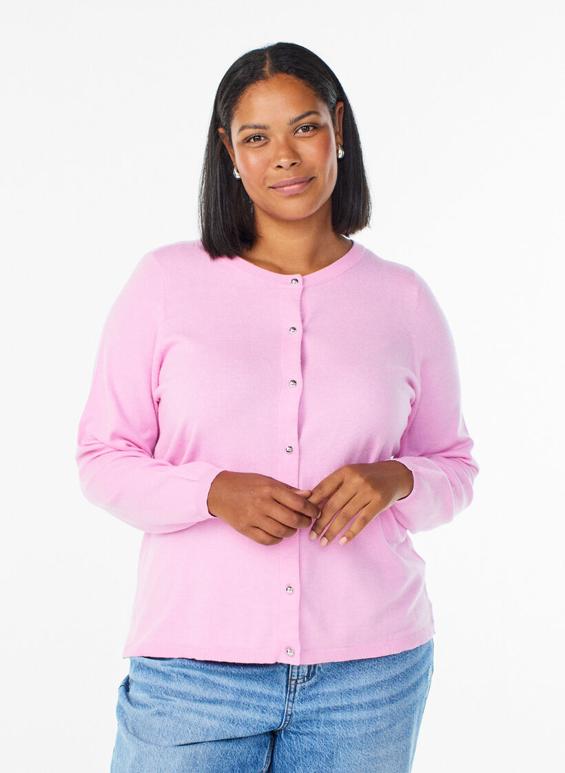 Cardigan med runde knapper, Rosa, Model image number 0