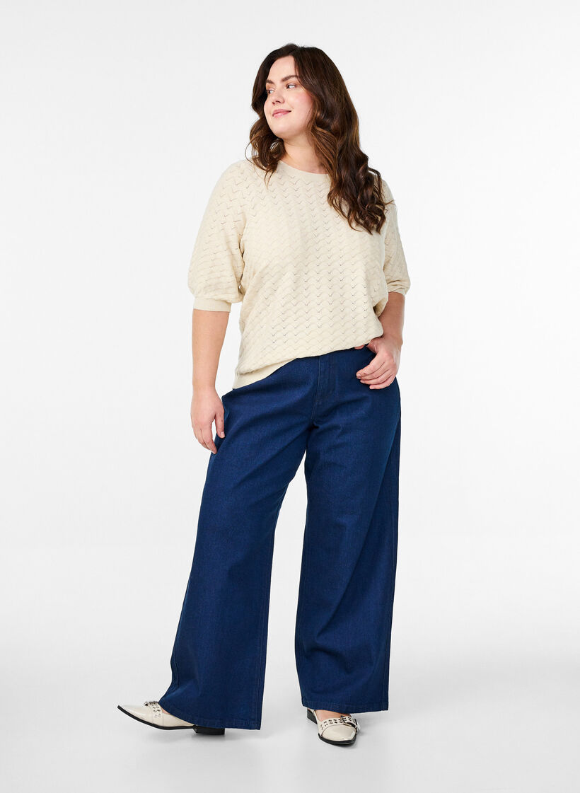 Strikket bluse med hullmønster og korte ermer, Birch Mel., Model