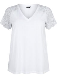 T-skjorte av bomull med korte blondeermer, Bright White