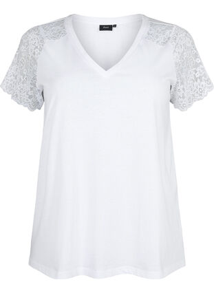 T-skjorte av bomull med korte blondeermer, Bright White, Packshot image number 0