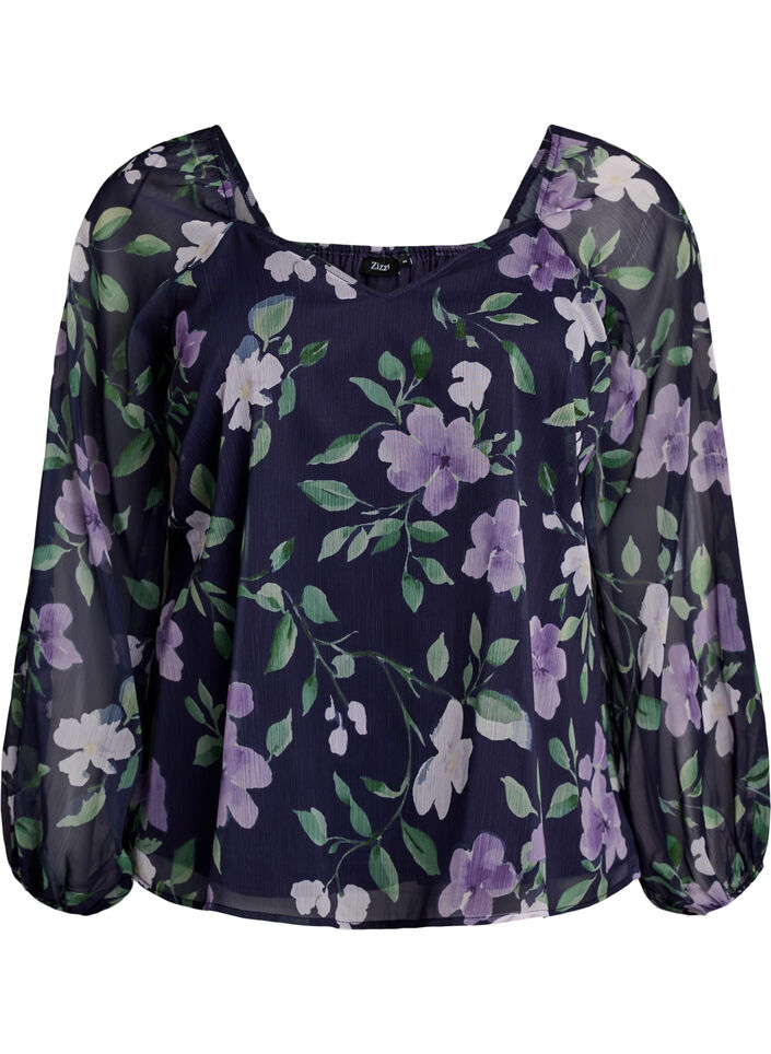 Chiffonbluse med blomstertrykk og lange ermer, Bl&aring;, Packshot image number 0