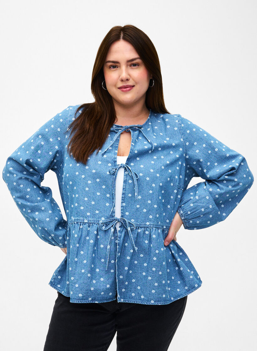 Peplumbluse i denim med knyting, Light Blue w.Flowers, Model image number 0