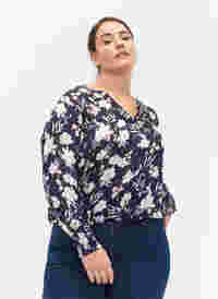 Mønstrete bluse med smock og V-hals, Blue Flower, Model