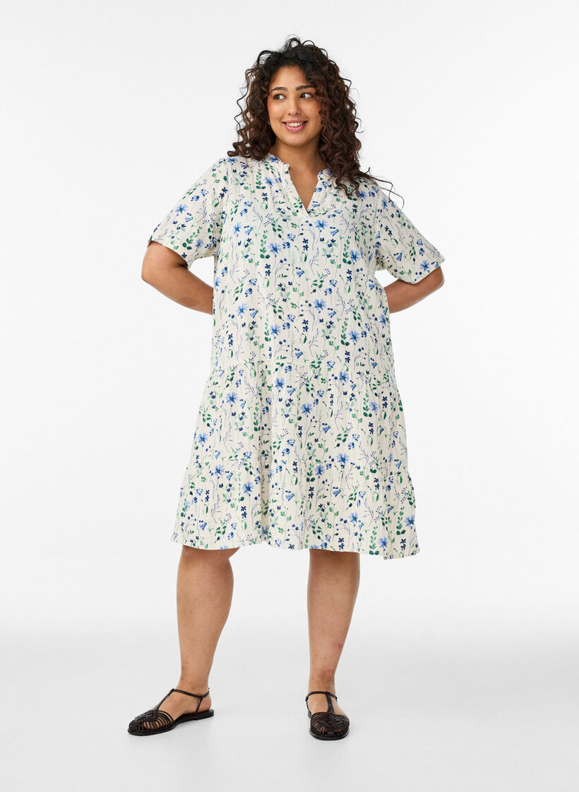 Kort A-linjekjole i bomullsmuslin, Beige, Model image number 1