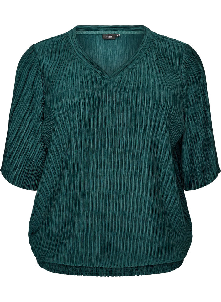 Bluse med b&oslash;lget tekstur og ballongfasong, Gr&oslash;nn, Packshot image number 0