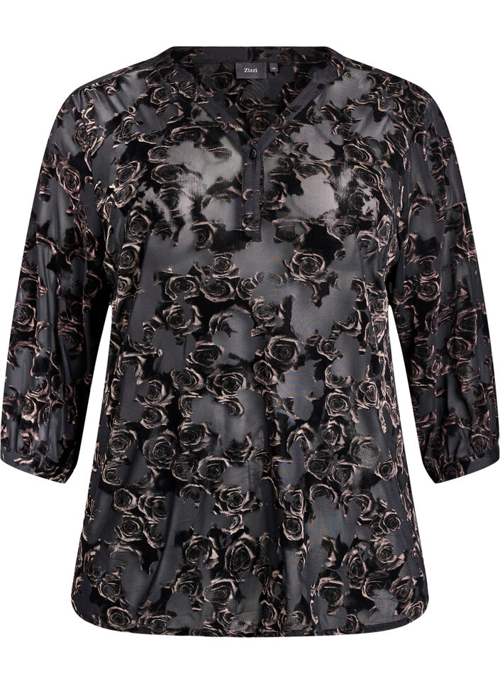 Mesh-bluse med velourroser og 3/4 ermer, Svart, Packshot image number 0