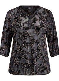 Mesh-bluse med velourroser og 3/4 ermer, Svart Mesh-bluse med velourroser og 3/4 ermer