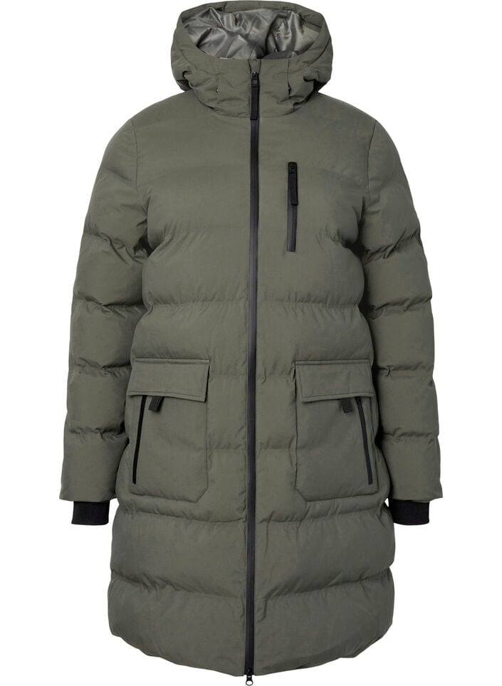 Pufferjakke med hette og lommer, Grønn, Packshot image number 0