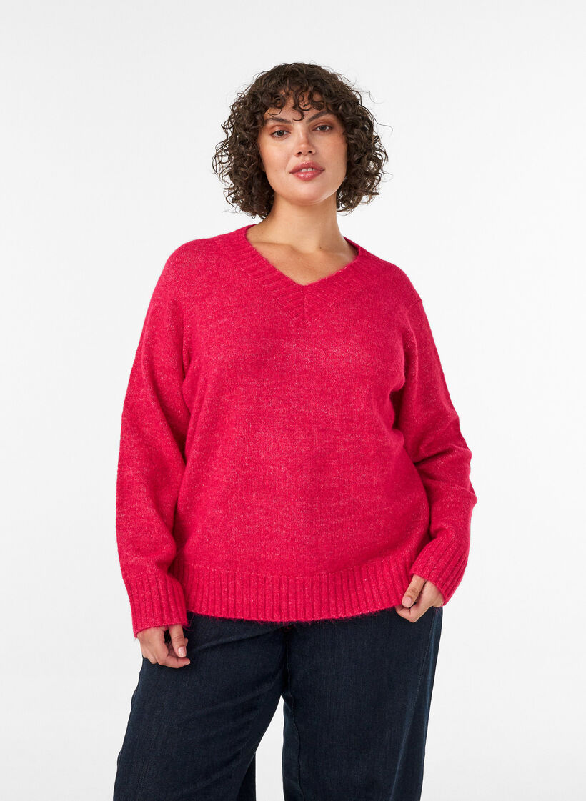 Genser med V-hals, Rosa, Model image number 0