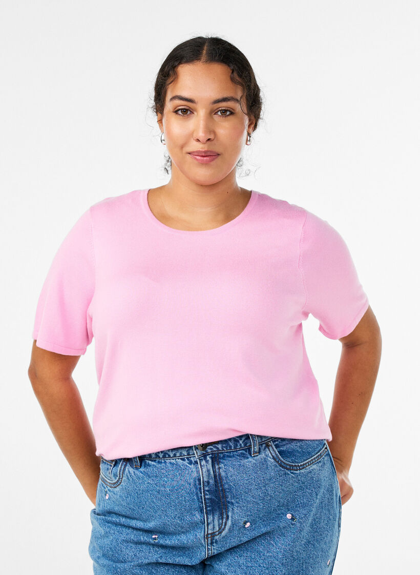 Kortermet strikkebluse i viskose, Rosa, Model image number 0
