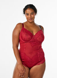Mesh body med blonder og bøyler, Rød Mesh body med blonder og bøyler, Rød, Model