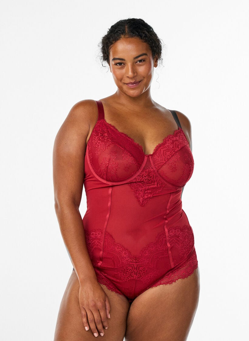 Mesh body med blonder og bøyler, Rød Mesh body med blonder og bøyler, Rød, Model