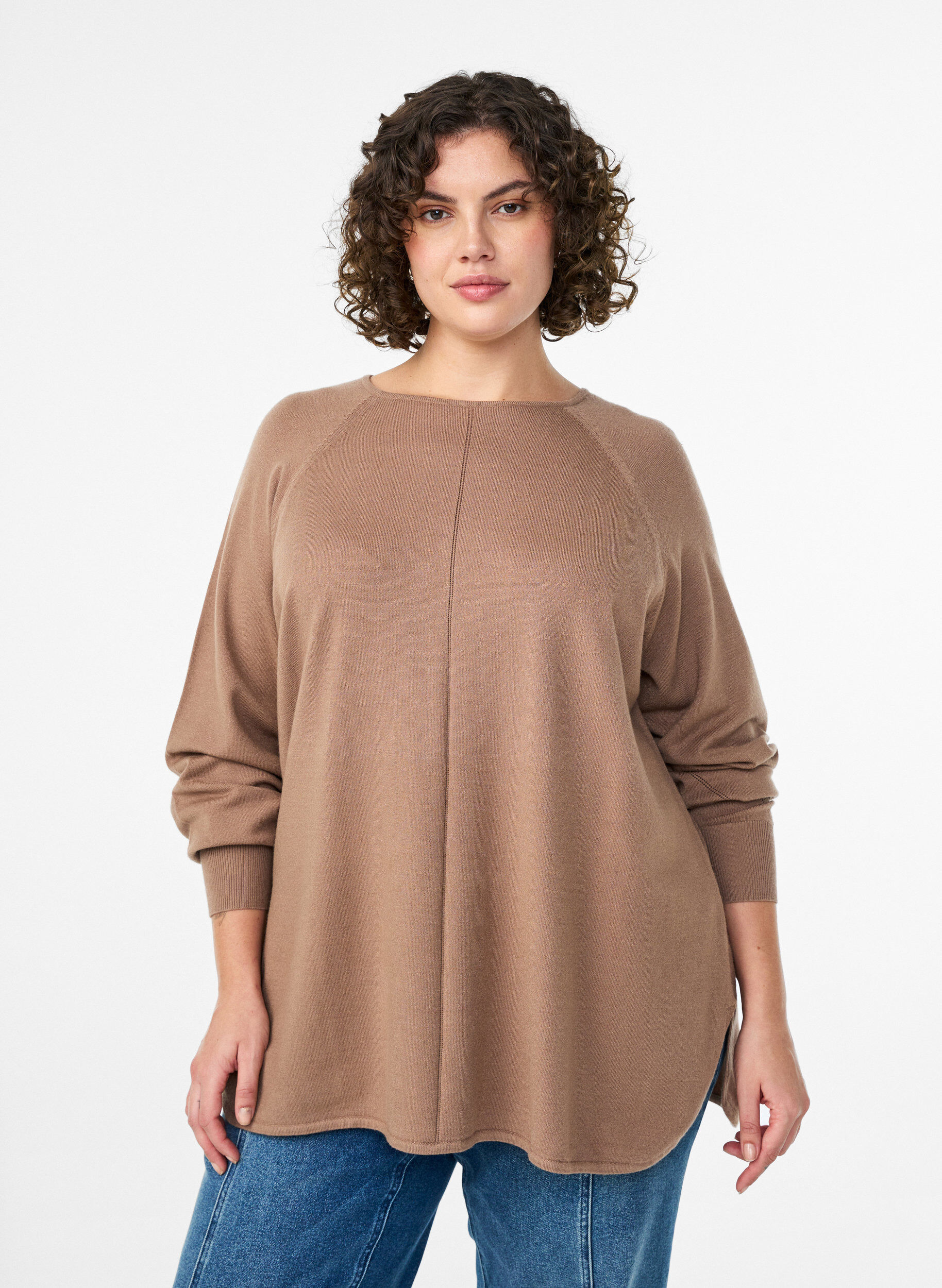ZizziStrikkebluse med rund hals og strikket m&oslash;nster, Brun, Model image number 0