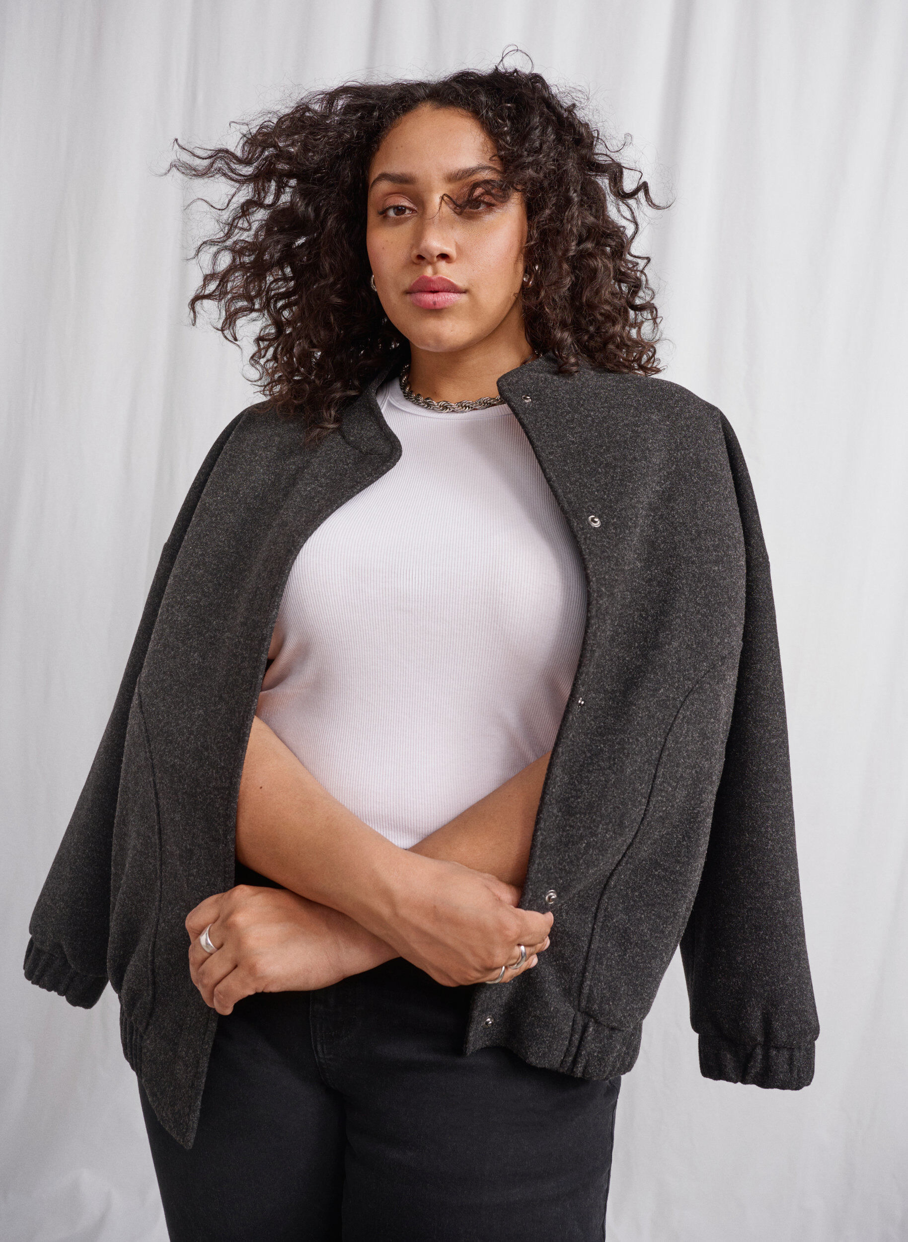 Zizzi Bomberjakke i ullook med lommer, Dark Grey Melange, Image image number 0