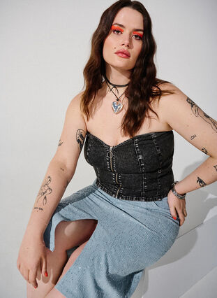 Zizzi Denimskjørt med splitt og paljetter, Light Blue Denim, Image image number 0