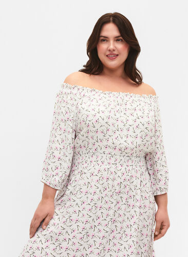 Blomstrete off-shoulder midi kjole i viskose, White Purple Flower, Model image number 2