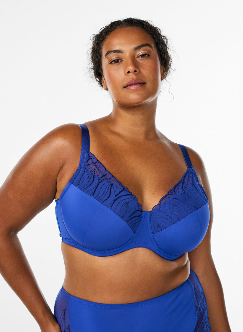 BH med polstrede skåler og brodert mesh, Blå, Model image number 0