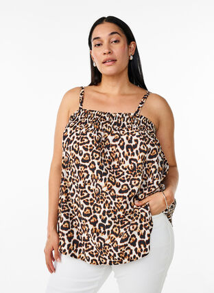 Zizzi Topp i viskose med smale stropper, Eggnog Leo AOP, Model image number 0