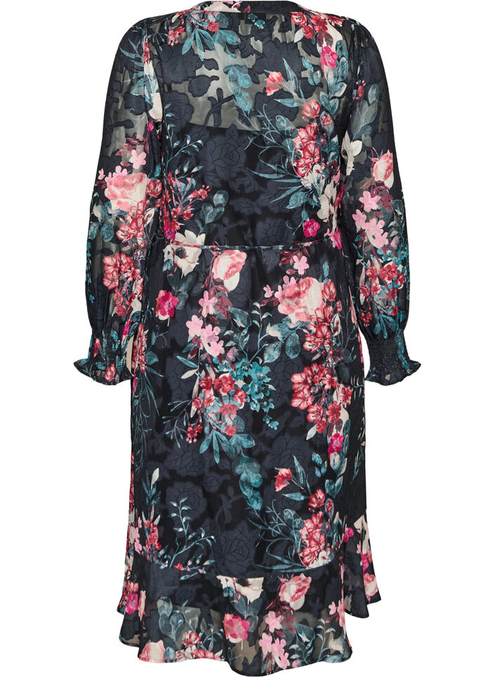 Blomstret midikjole med vevd tekstur og knytebelte, Svart, Packshot image number 1