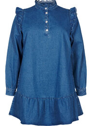 Denimkjole med volanger og A-snitt, Blue Denim
