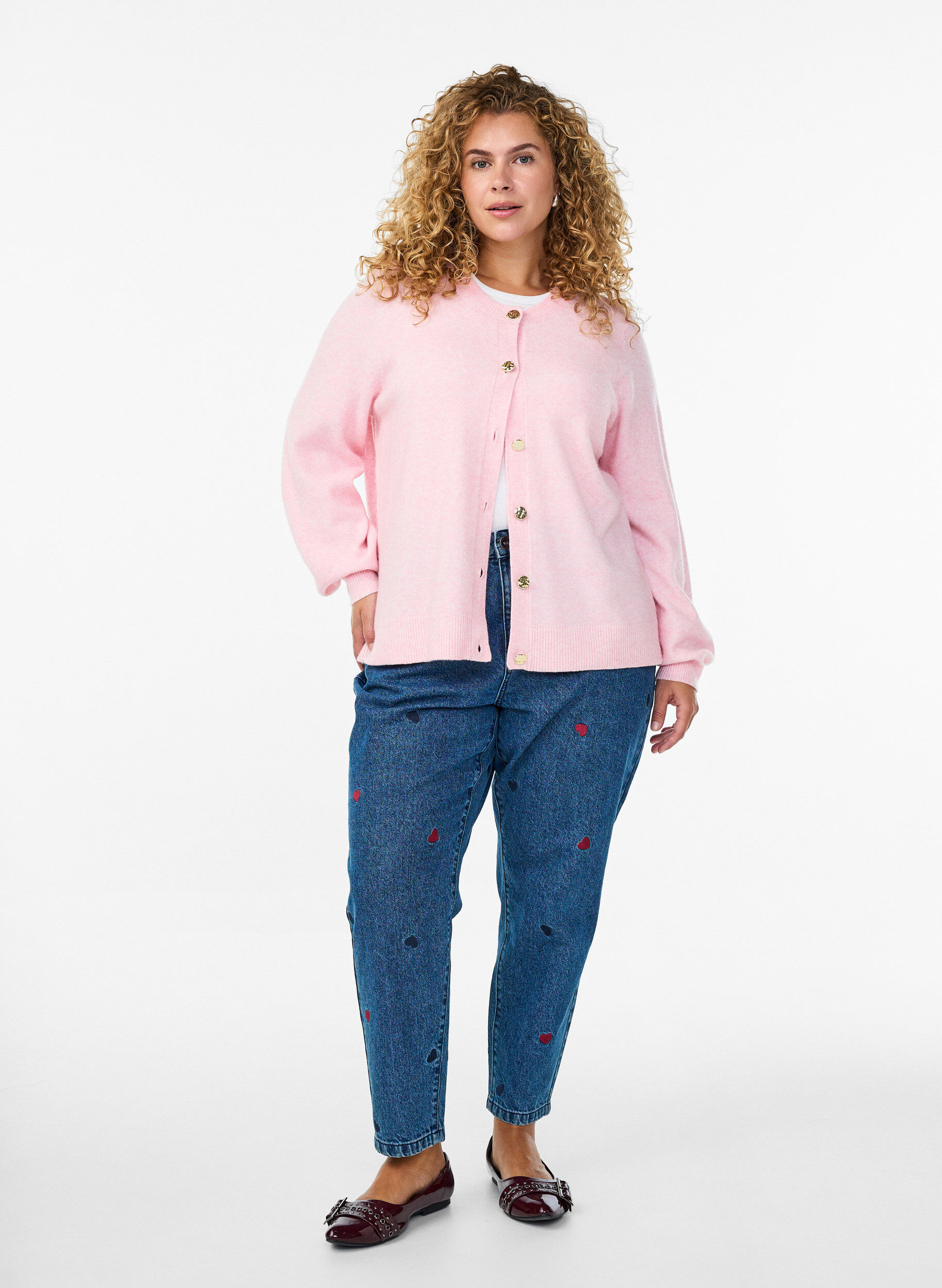 Zizzi Cardigan i myk strikk med gullfargede knapper, Rosa, Model image number 1