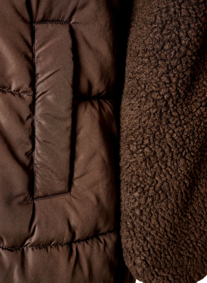 Midilang pufferjakke med teddyfleece, Brun, Packshot image number 3