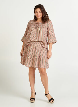 Stripete bluse med 3/4-ermer og smock, Rose Smoke stripe, Model image number 2