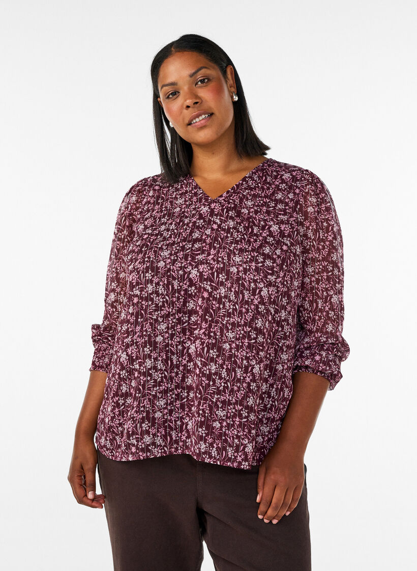 Bluse med blomstertrykk og glittertr&aring;d, R&oslash;d, Model image number 0