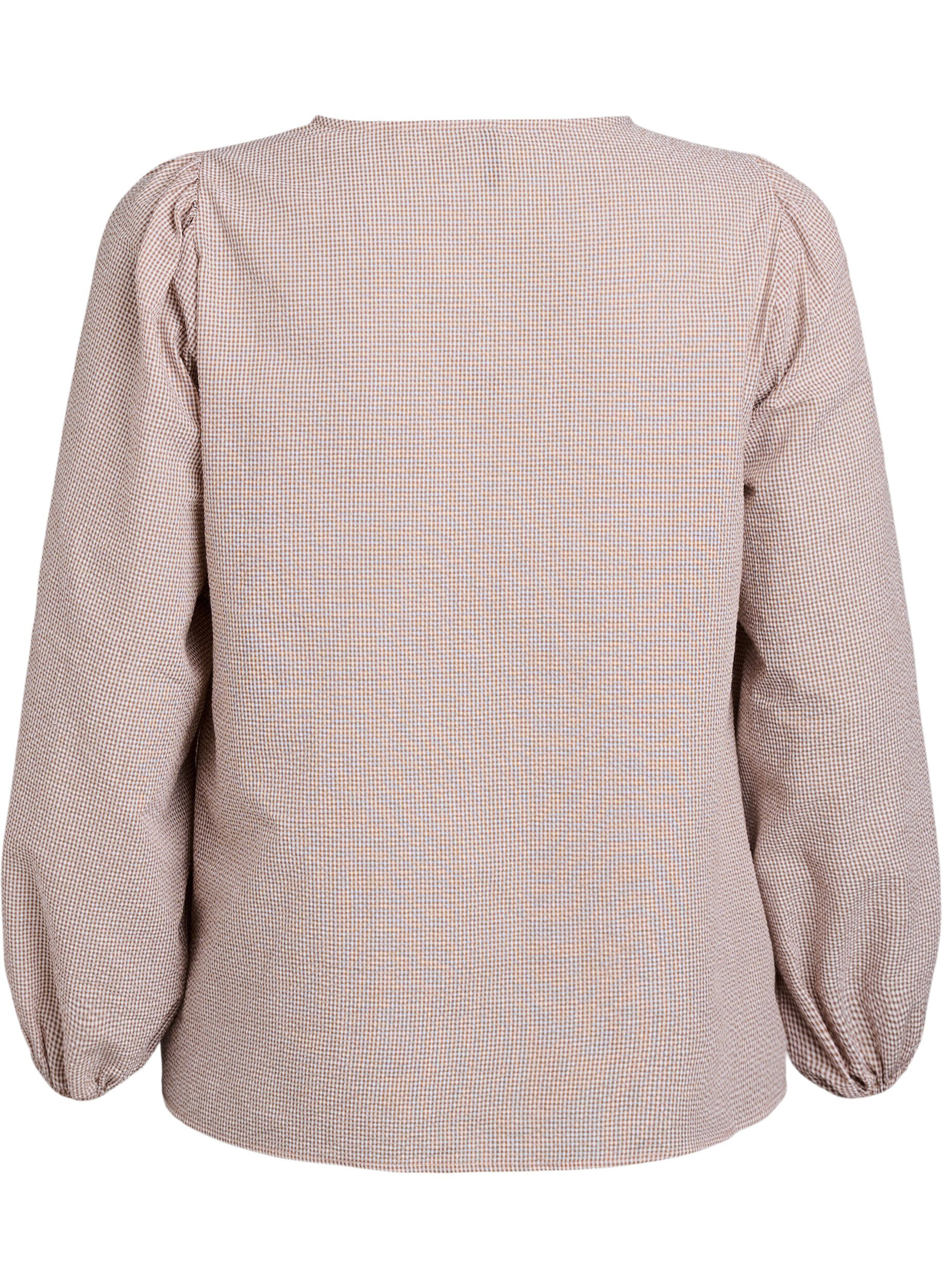 Zizzi Bluse med v-hals og sm&aring; ruter, Beige, Packshot image number 1