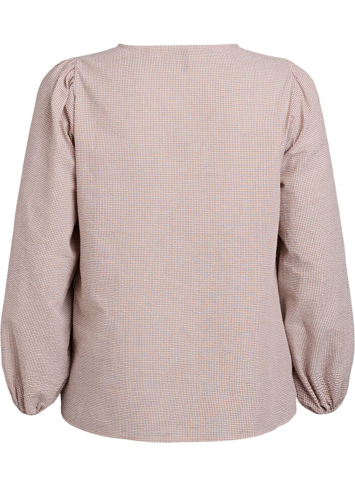 Bluse med v-hals og små ruter, Beige, Packshot image number 1