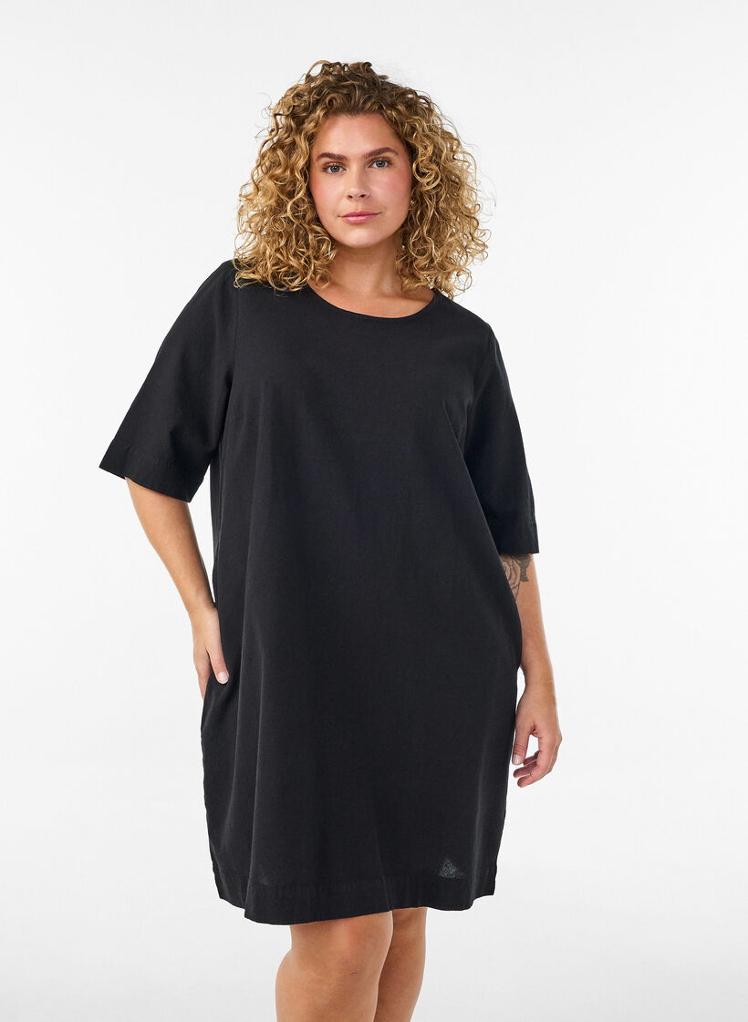 Bomullskjole med korte ermer og lommer, Svart, Model image number 0