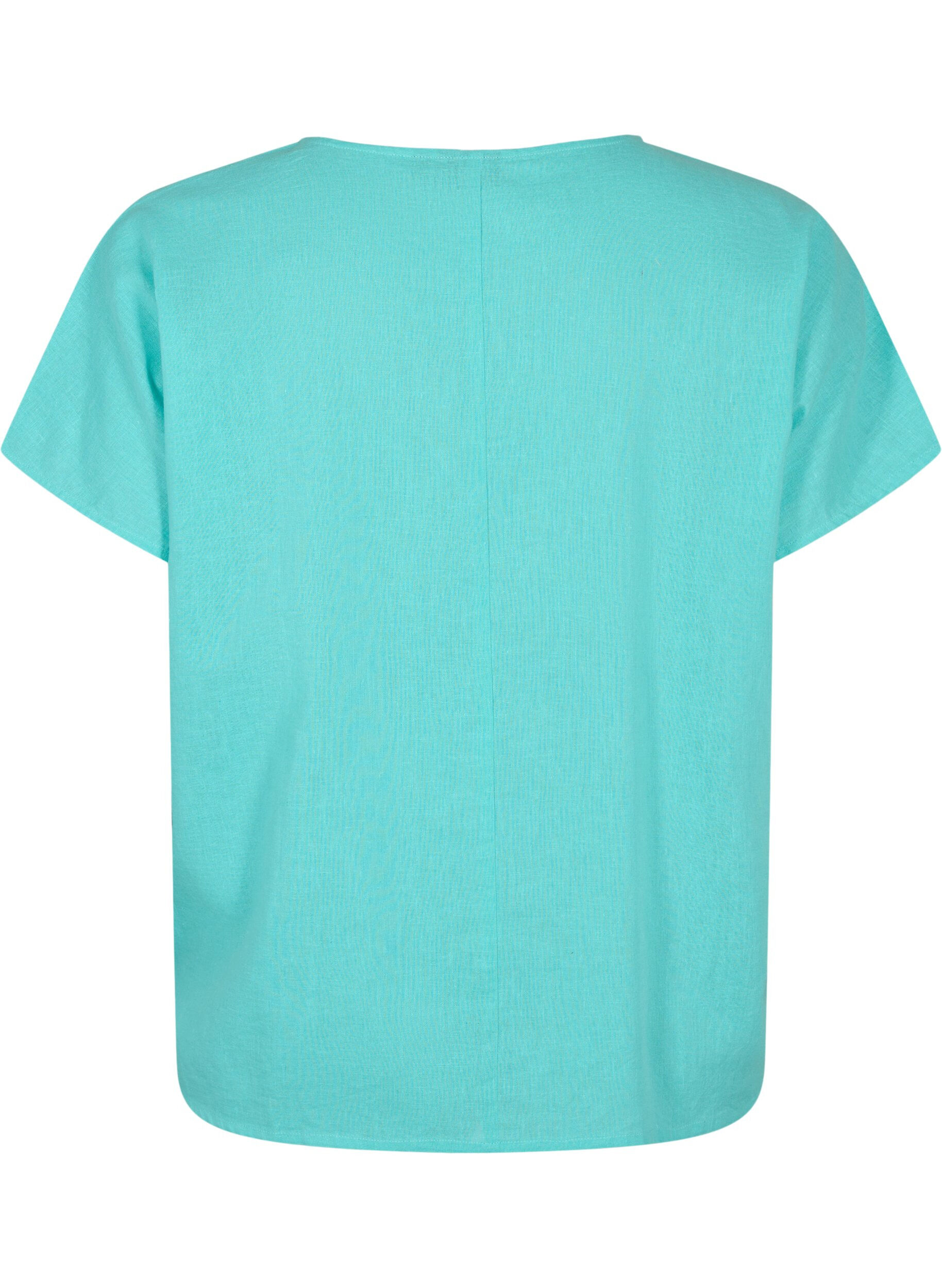 Zizzi Kortermet bluse i bomullsblanding med lin, Turquoise, Packshot image number 1