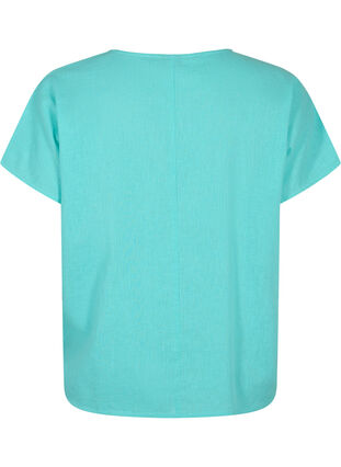 Kortermet bluse i bomullsblanding med lin, Turquoise, Packshot image number 1