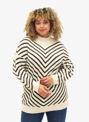Strikket bluse med diagonale striper, Birch Mel. w stripes, Model image number 0