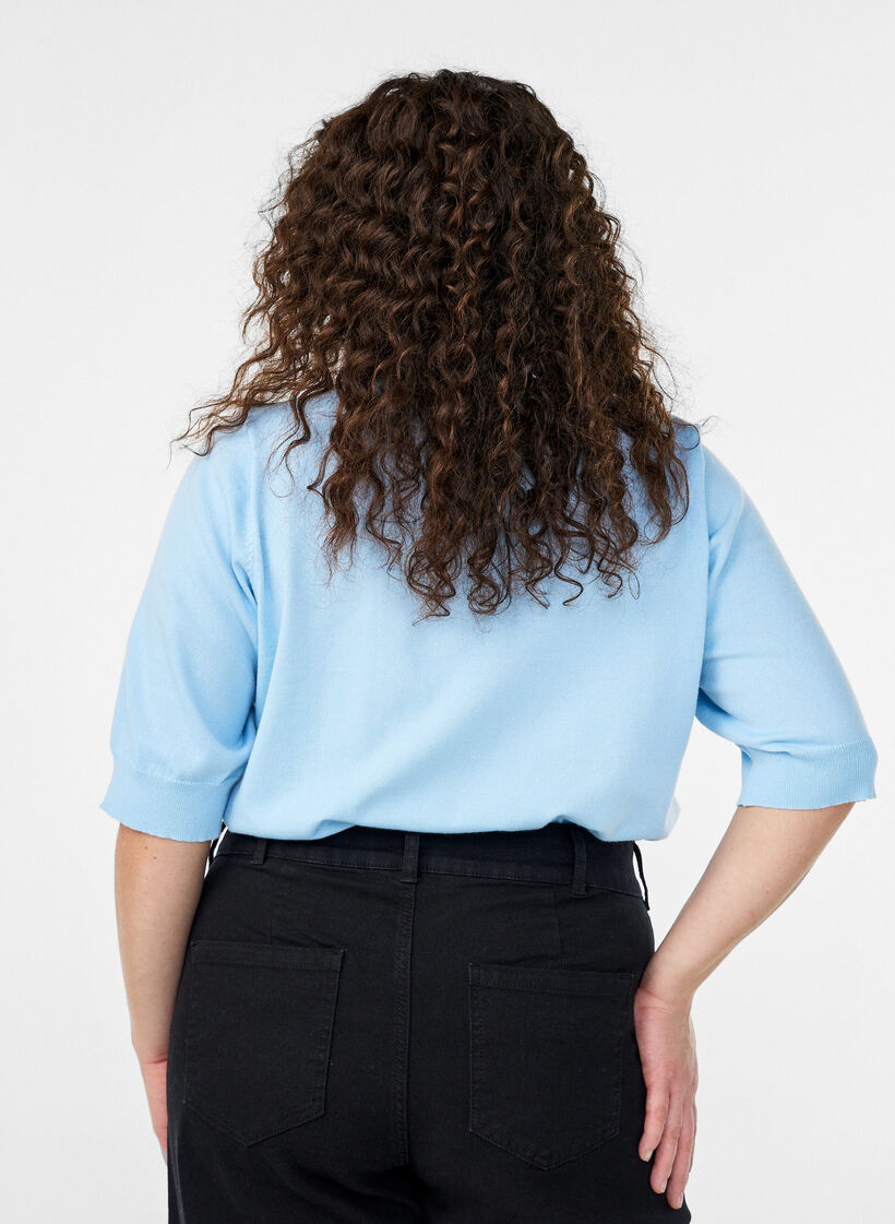 Finstrikket bluse med korte ermer, Bl&aring;, Model image number 2