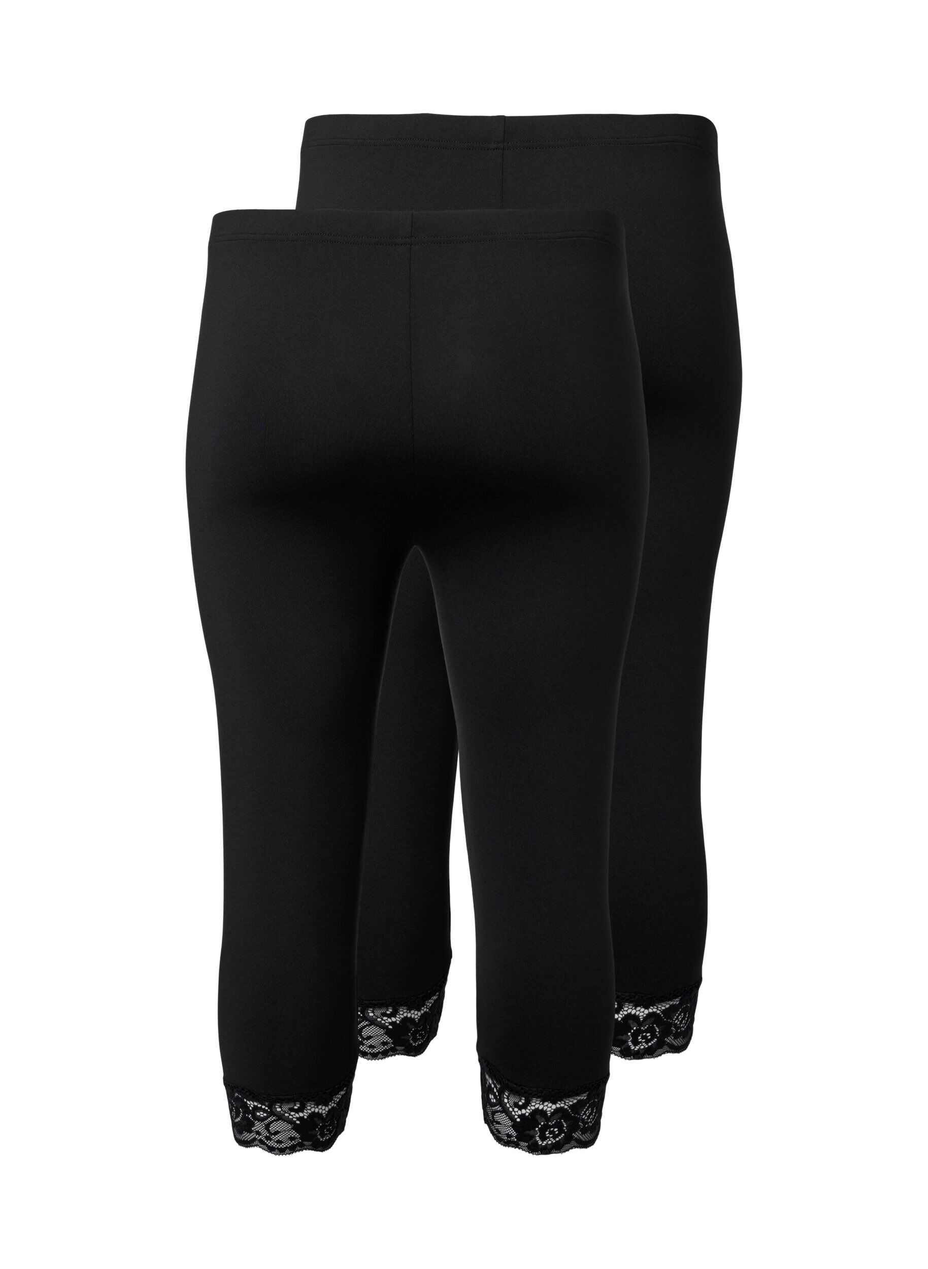 Zizzi Leggings med 3/4-lengde og blondekant, 2 stk., Black / Black, Packshot image number 1