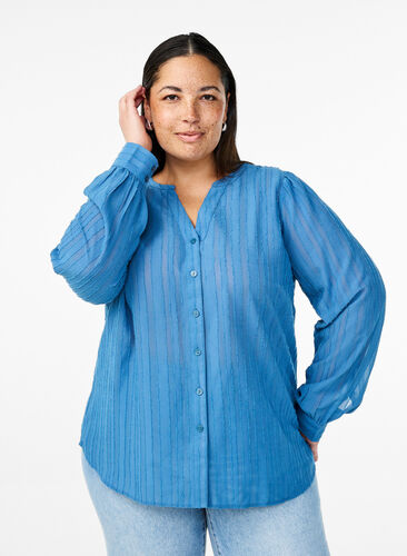 Zizzi Stripete skjortebluse med gjennomsiktige striper, Blå, Model image number 0