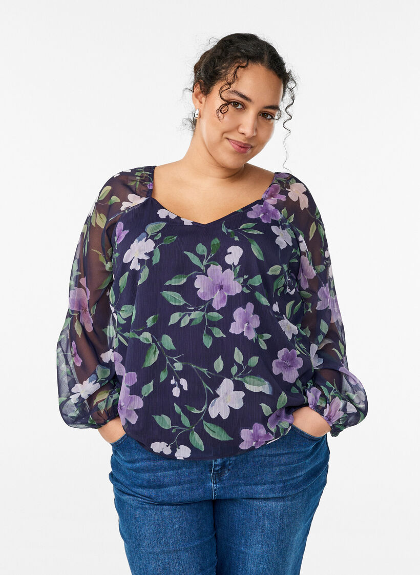 Chiffonbluse med blomstertrykk og lange ermer, Bl&aring;, Model image number 0