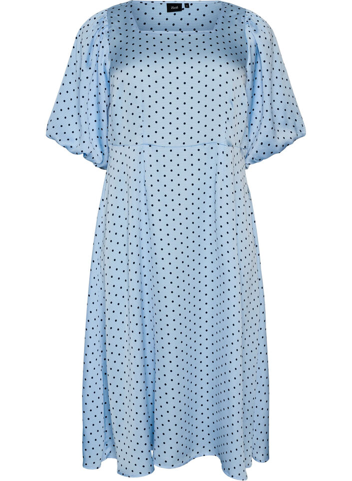 Midikjole med prikkem&oslash;nster og firkantet hals, Bl&aring;, Packshot image number 0
