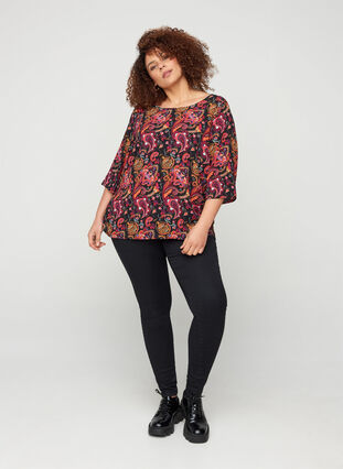 Mønstrete bluse med blonderygg og 3/4-ermer, Black/Multi Paisley, Model image number 2