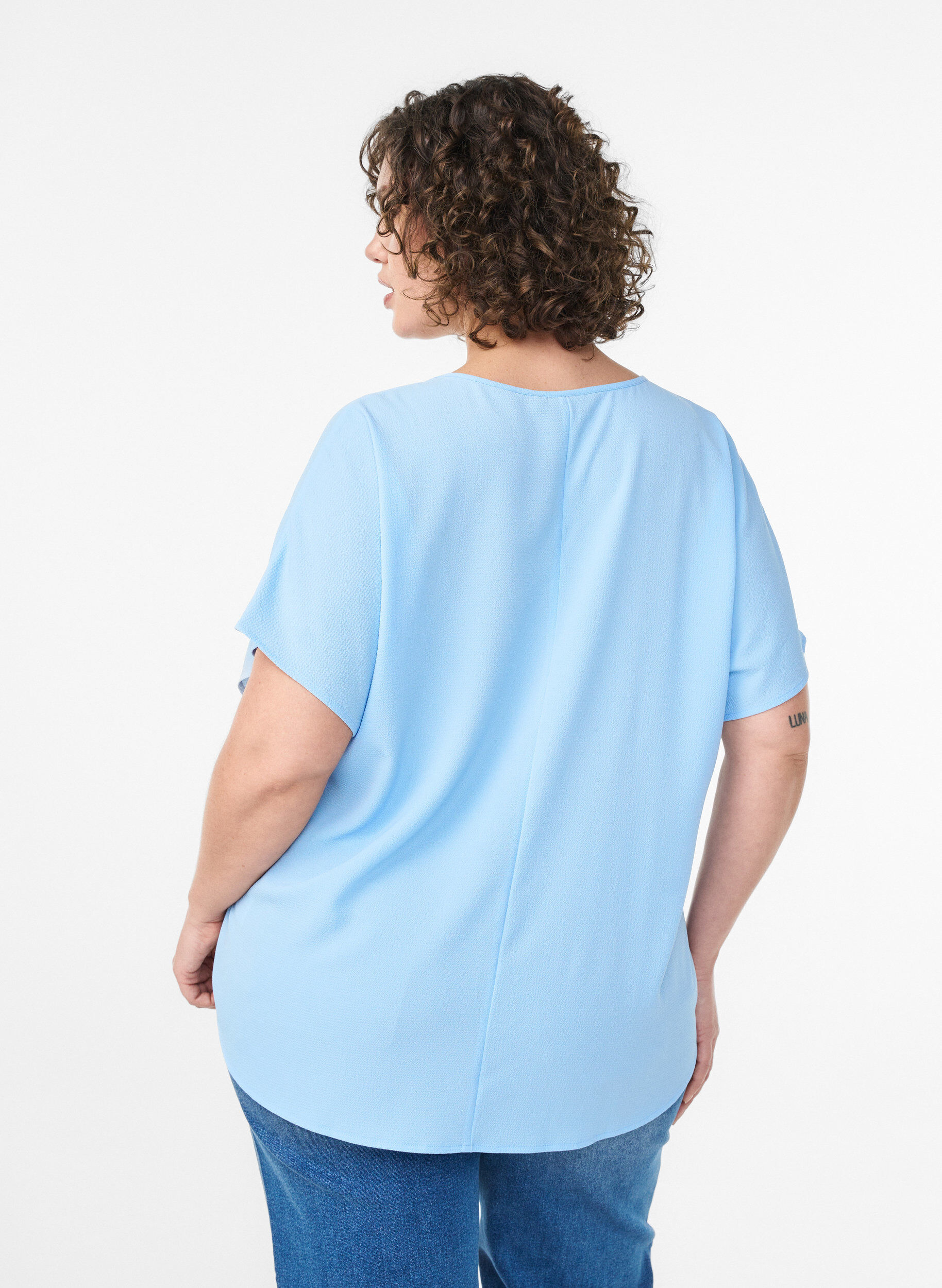 Zizzi Bluse med korte ermer og rund hals, Bl&aring;, Model image number 2