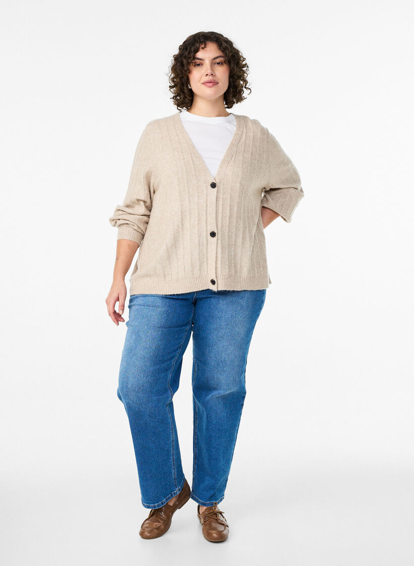 Cardigan med ribbet tekstur og ballongermer, Beige, Model image number 1