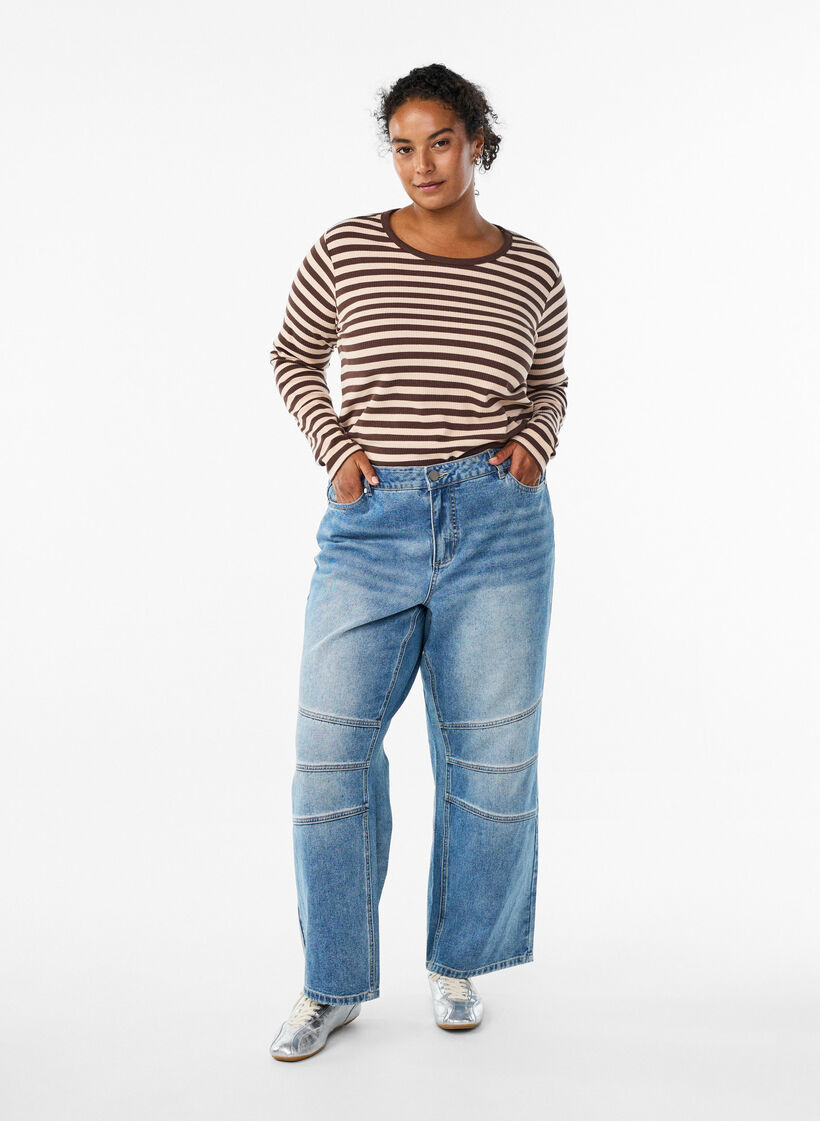 Stripete bluse med lange ermer, Brun, Model image number 1