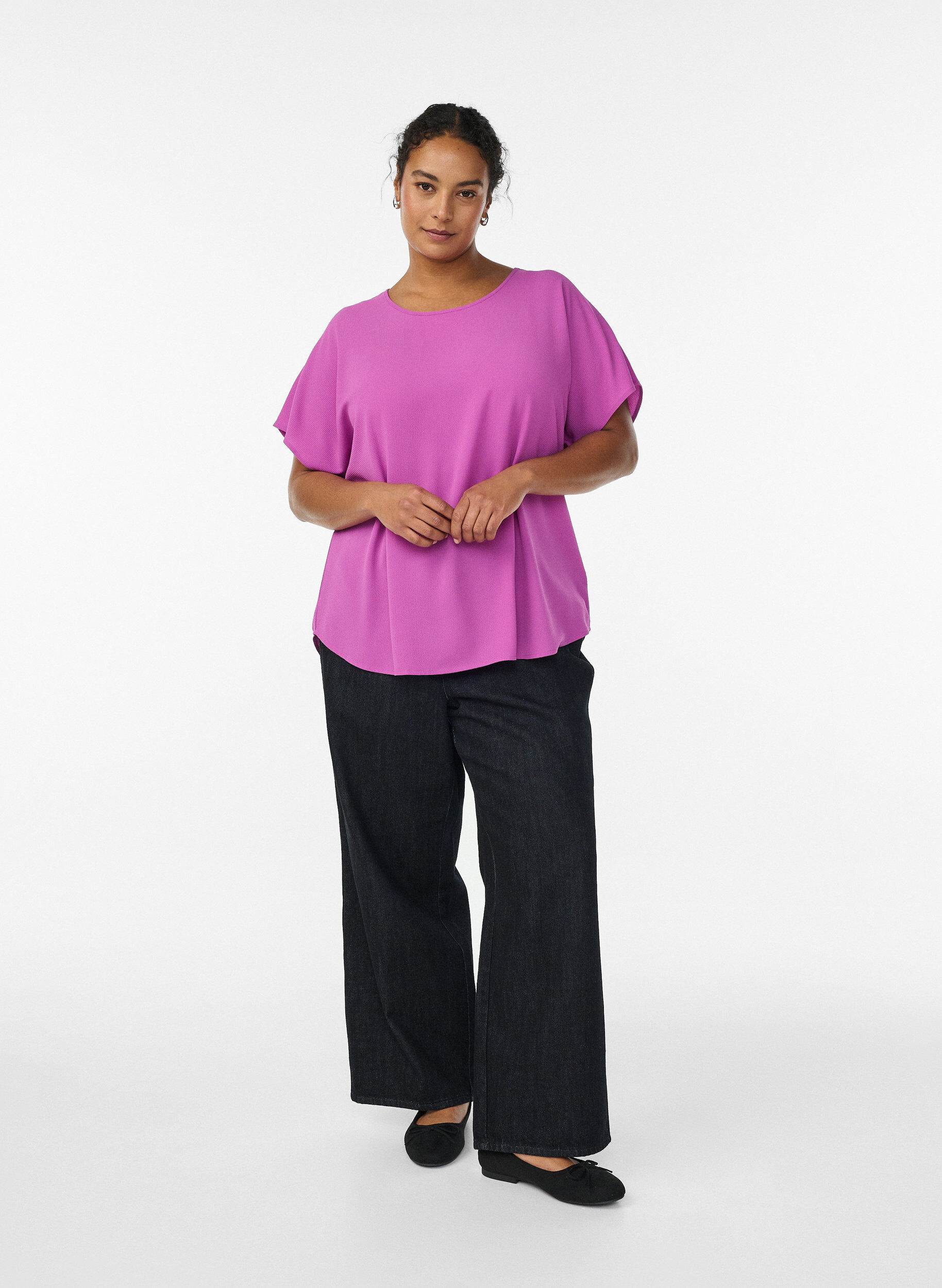 ZizziBluse med korte ermer og rund hals, Lilla, Model image number 1